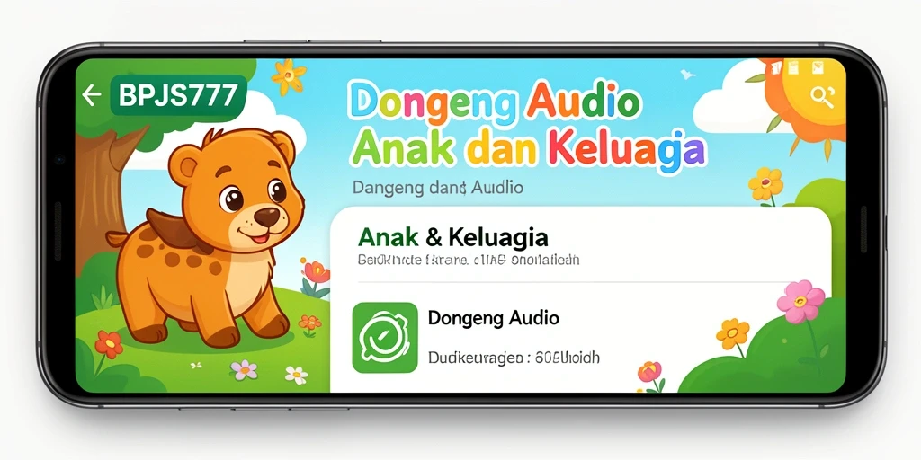 Antarmuka aplikasi BPJS777 yang ramah anak untuk mendengarkan dongeng audio.