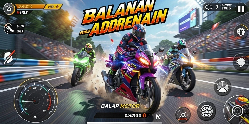 Tangkapan layar H03 menampilkan balapan motor yang intens dan grafis menawan.